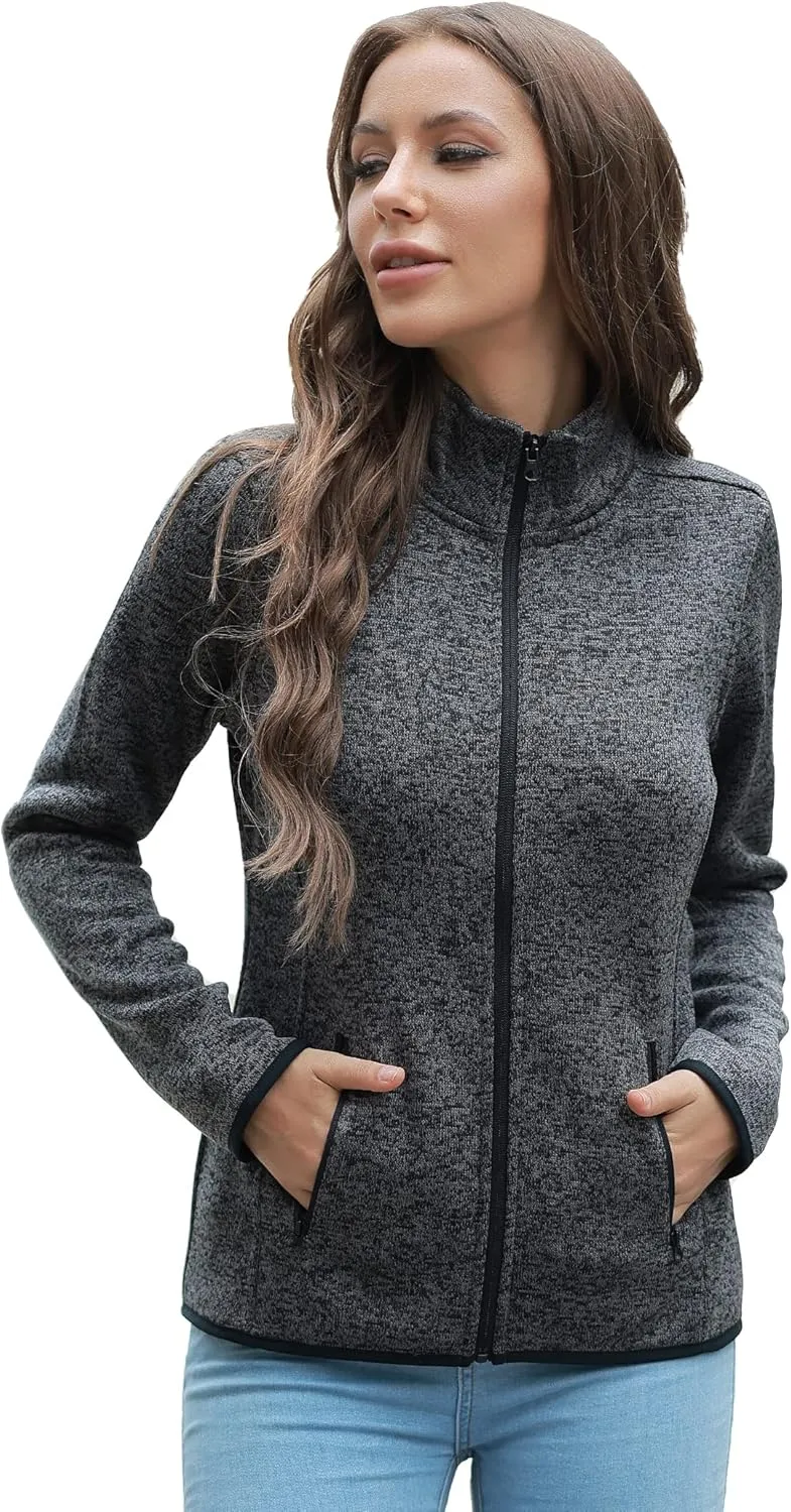 COZZIPLUS Women Zip Up Sweater Jacket with Fleece Interior, Warm Knitted Fleece Jacket with Pockets