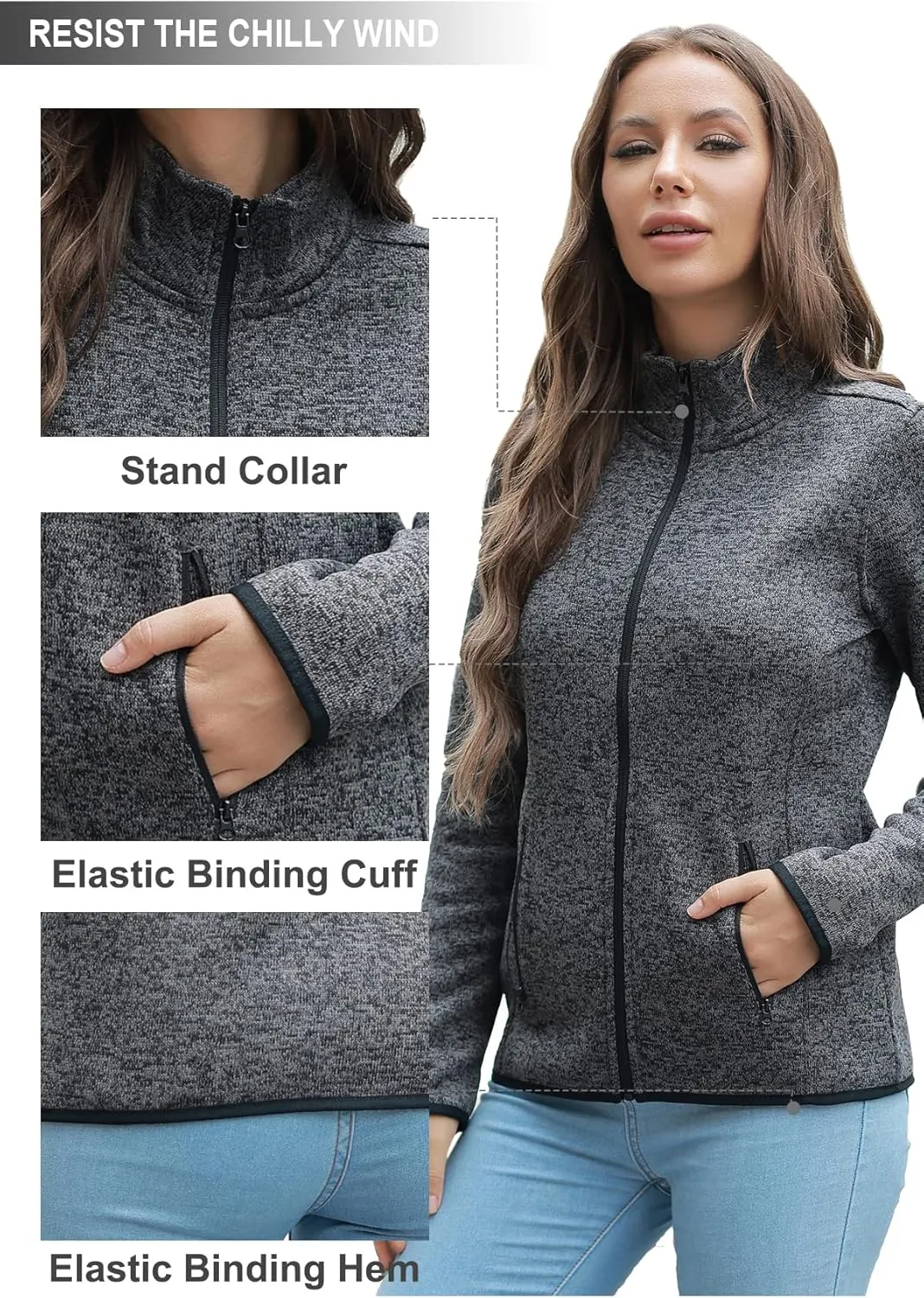 COZZIPLUS Women Zip Up Sweater Jacket with Fleece Interior, Warm Knitted Fleece Jacket with Pockets