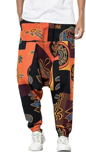 CRNTCEM Mens Printed Harem Pants Straigth Leg Cotton Drop Crotch Atheltic Yoga Trouser Baggy Boho Hippie Pants