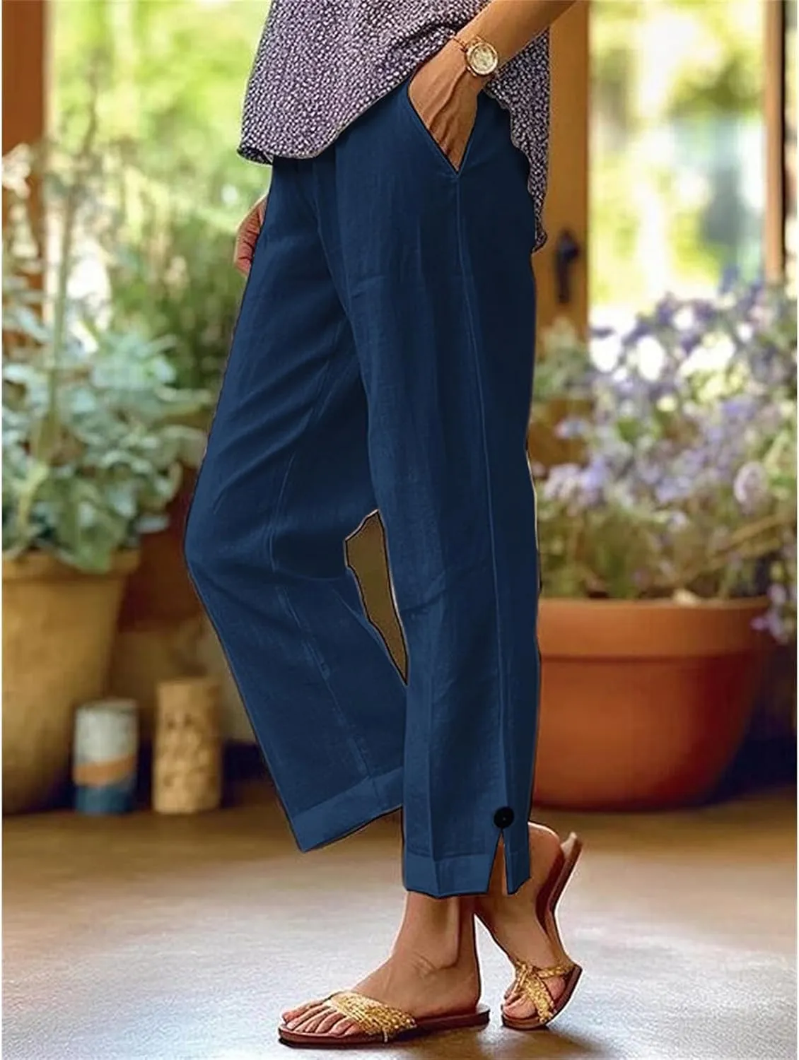 Cropped Linen Pants Women Summer Elastic Waist Straight Leg Pants Solid Casual Loose Beach Boho Trousers with Pockets
