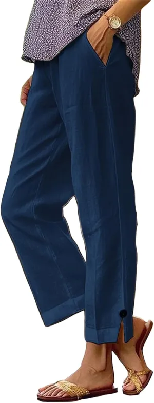Cropped Linen Pants Women Summer Elastic Waist Straight Leg Pants Solid Casual Loose Beach Boho Trousers with Pockets