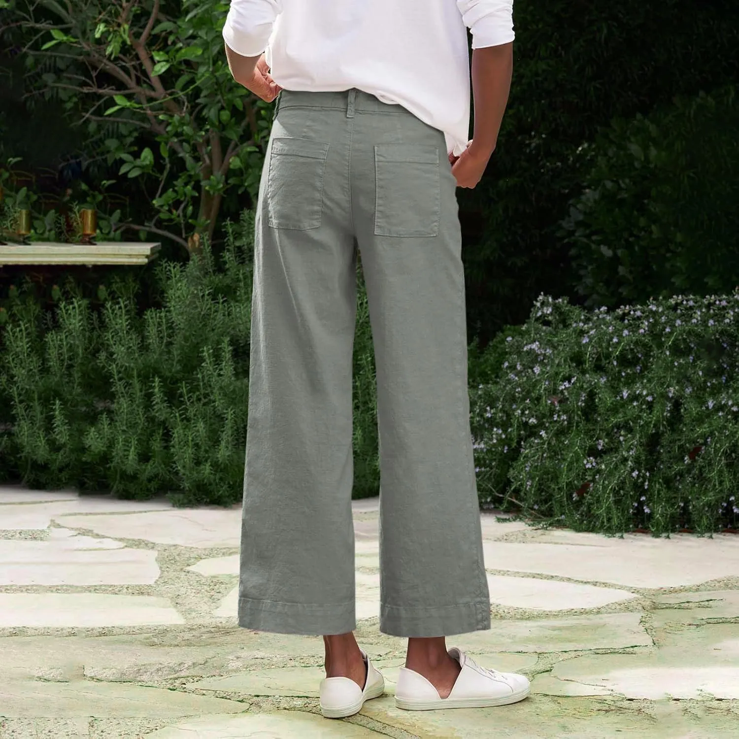 Cropped Wide Leg Pants for Women Business Casual High Waist Linen Pants Elastic Office Button Down Flare Work Trousers