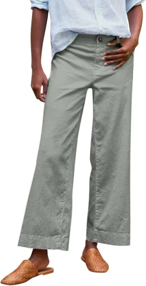 Cropped Wide Leg Pants for Women Business Casual High Waist Linen Pants Elastic Office Button Down Flare Work Trousers