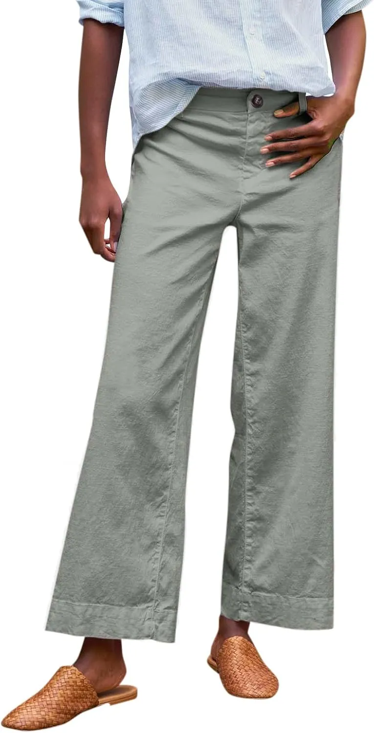 Cropped Wide Leg Pants for Women Business Casual High Waist Linen Pants Elastic Office Button Down Flare Work Trousers