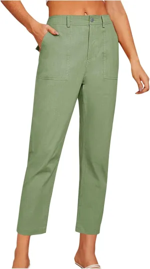 Cropped Work Pants Women High Waisted Business Casual Dress Pants Straight Ankle Length Tapered Trousers w/Pockets