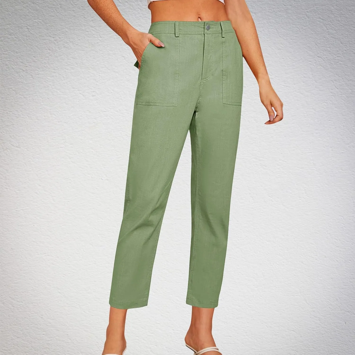 Cropped Work Pants Women High Waisted Business Casual Dress Pants Straight Ankle Length Tapered Trousers w/Pockets