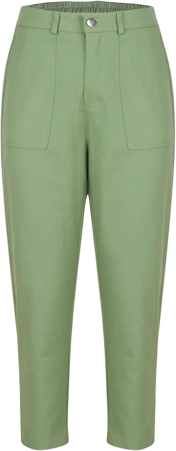 Cropped Work Pants Women High Waisted Business Casual Dress Pants Straight Ankle Length Tapered Trousers w/Pockets