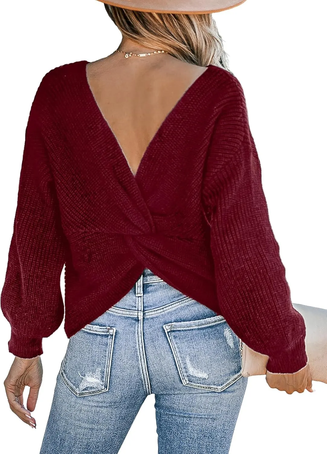 CUPSHE Womens Ribbed Knit Pullover Sweater 2024 Fall Long Sleeve Twist Back Crewneck Fashion Sweater Tops