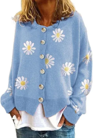 Cute Daisy Flower Knit Cardigan Sweaters for Women Button Down Open Front Aesthetic 90s Sweater Plus Size Outwear