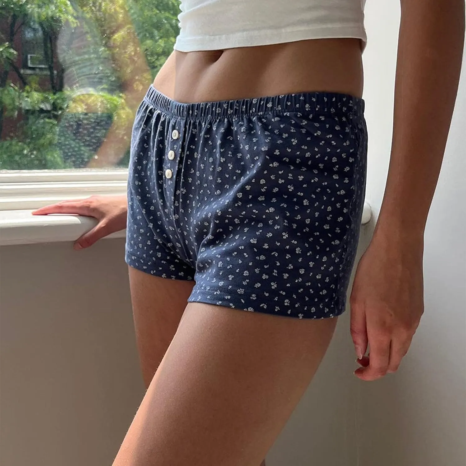 Cute Pajama Shorts for Women Y2K Sexy Low Rise Lounge Floral Shorts Comfy Striped Button Boxers Pj Bottoms Sleepwear
