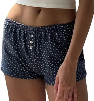 Cute Pajama Shorts for Women Y2K Sexy Low Rise Lounge Floral Shorts Comfy Striped Button Boxers Pj Bottoms Sleepwear