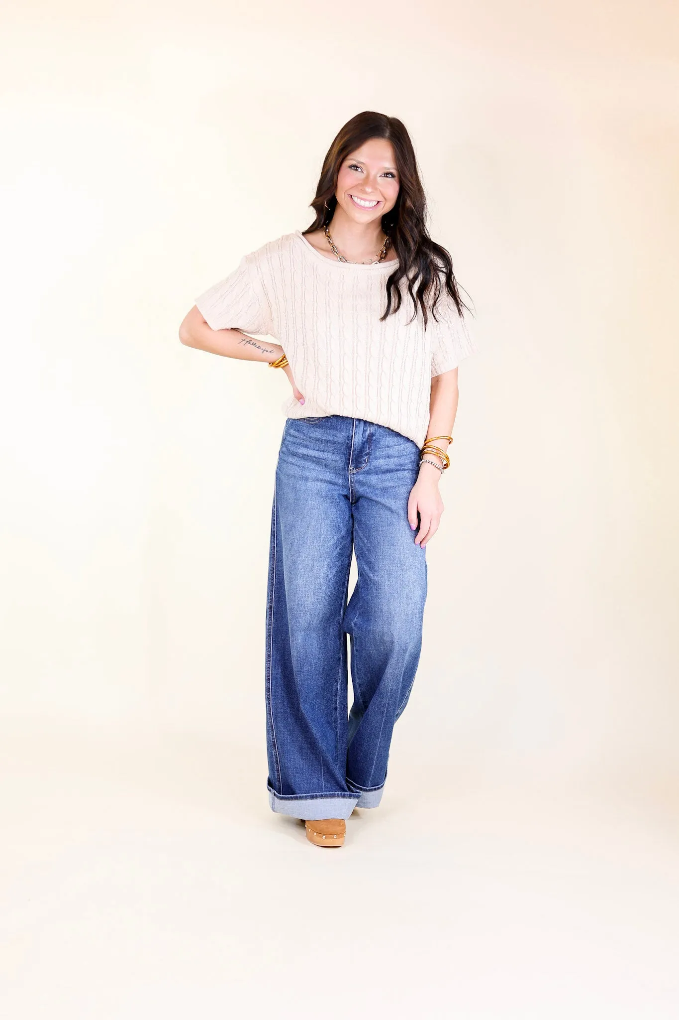 Day Date Short Sleeve Sweater with Scoop Neckline in Beige