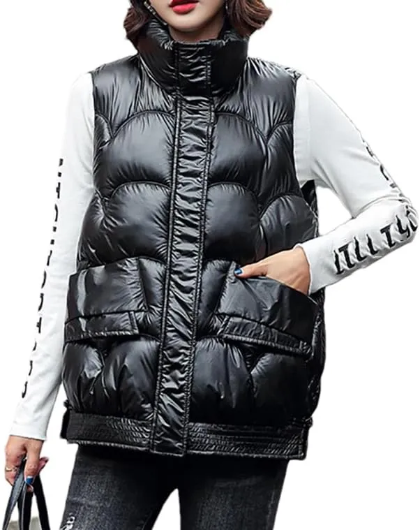 DBFBDTU Women's Autumn Winter Solid Loose Vest Stand Collar Short Vest Jacket Cotton Padded Warm Waistcoat
