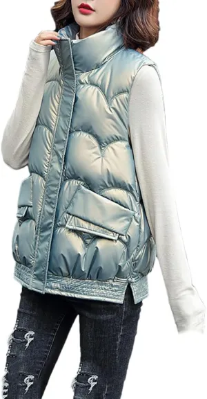 DBFBDTU Women's Autumn Winter Solid Loose Vest Stand Collar Short Vest Jacket Cotton Padded Warm Waistcoat