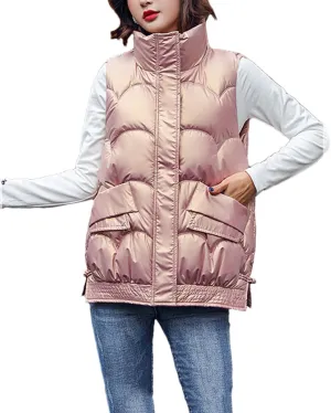 DBFBDTU Women's Autumn Winter Solid Loose Vest Stand Collar Short Vest Jacket Cotton Padded Warm Waistcoat