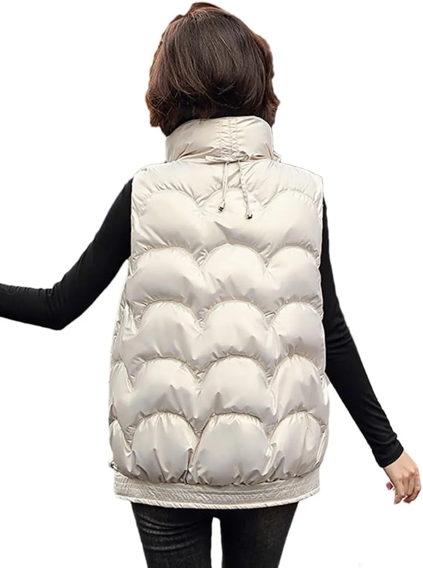 DBFBDTU Women's Autumn Winter Solid Loose Vest Stand Collar Short Vest Jacket Cotton Padded Warm Waistcoat
