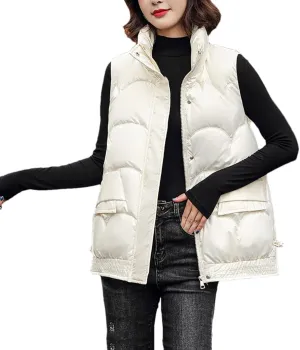 DBFBDTU Women's Autumn Winter Solid Loose Vest Stand Collar Short Vest Jacket Cotton Padded Warm Waistcoat