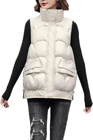 DBFBDTU Women's Autumn Winter Solid Loose Vest Stand Collar Short Vest Jacket Cotton Padded Warm Waistcoat