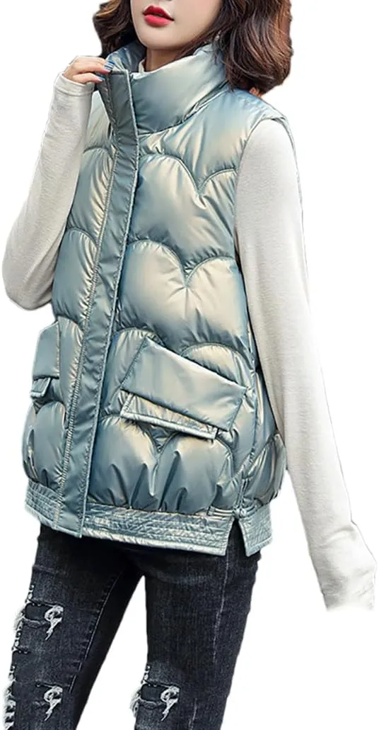 DBFBDTU Women's Autumn Winter Solid Loose Vest Stand Collar Short Vest Jacket Cotton Padded Warm Waistcoat