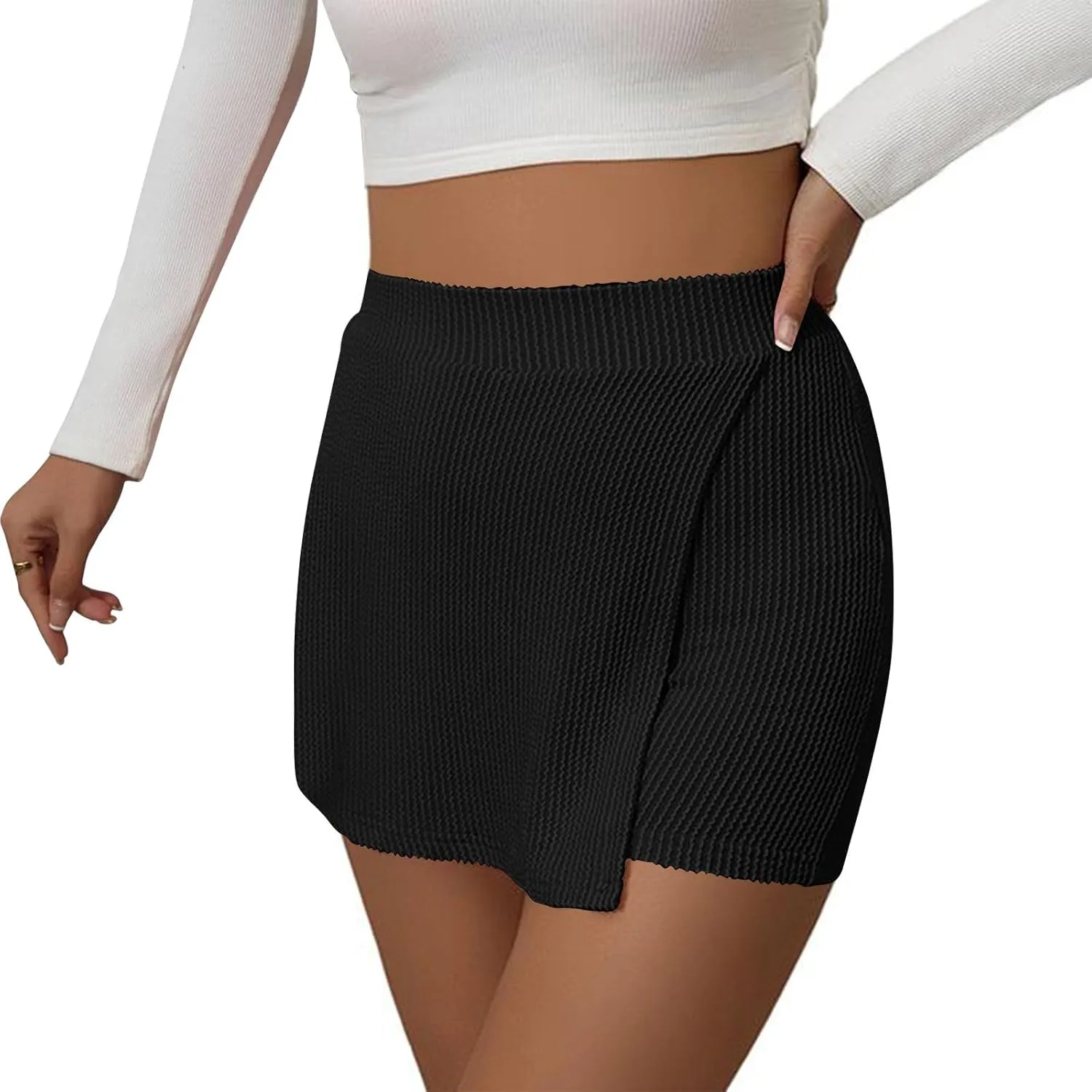 DDAPJ pyju Women's Summer Wrap Skort Textured High Waisted Skirt Elastic Waist Pull On Shorts Dressy Mini Skirt Inner Shorts