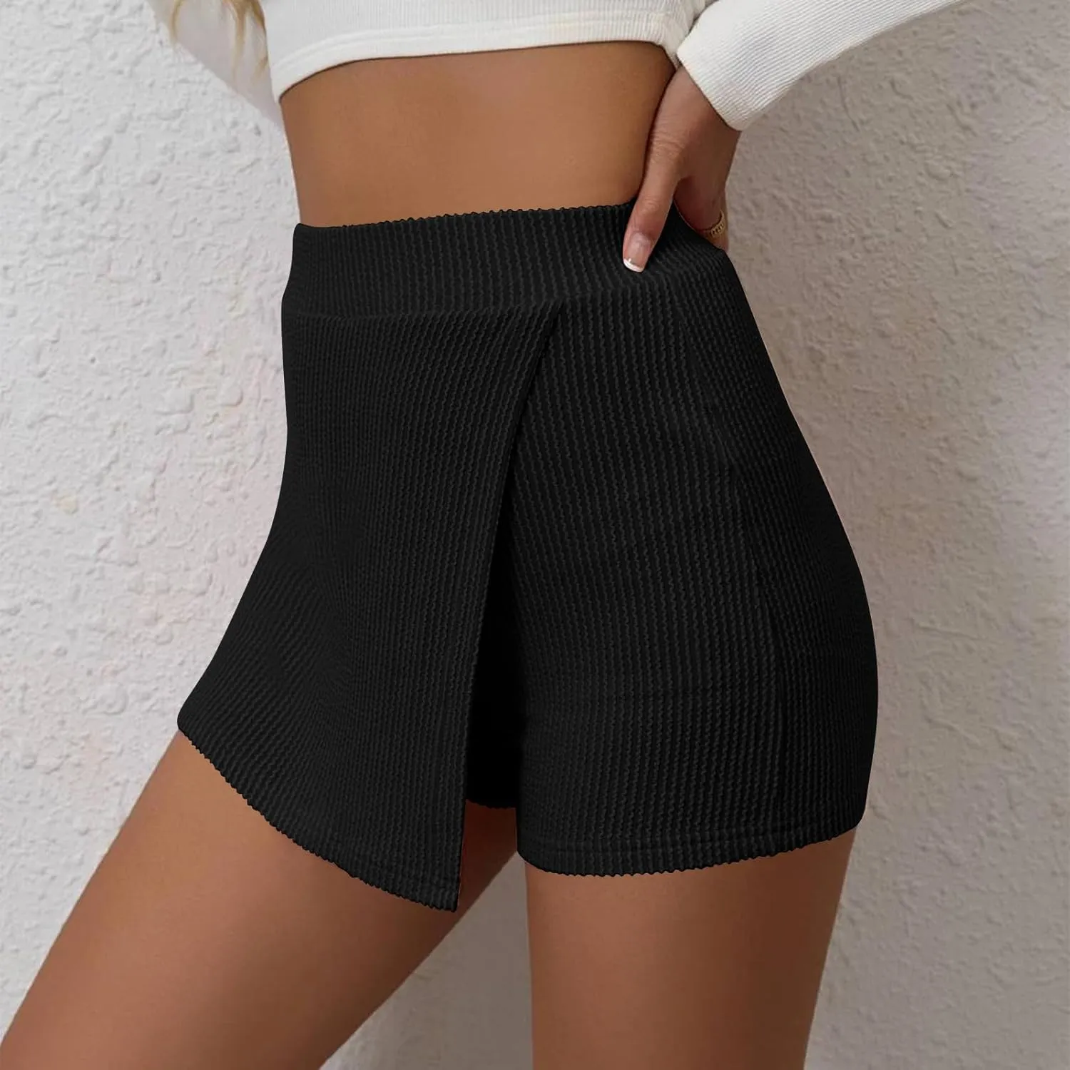 DDAPJ pyju Women's Summer Wrap Skort Textured High Waisted Skirt Elastic Waist Pull On Shorts Dressy Mini Skirt Inner Shorts