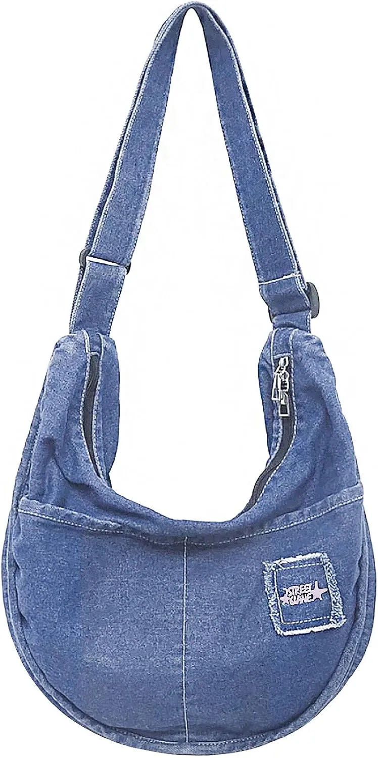 Denim Hobo Halfmoon Design Roomy Large Capacity Adjustable Crossbody Shoulder Handbag Purse for Women