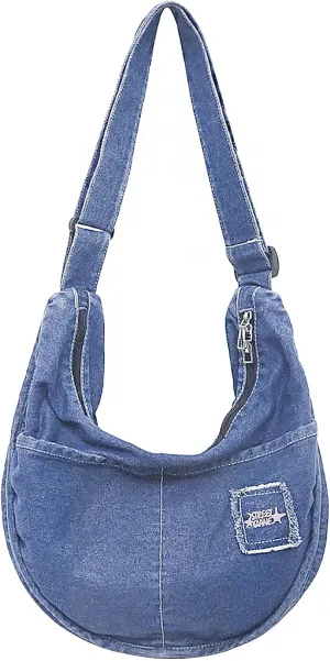 Denim Hobo Halfmoon Design Roomy Large Capacity Adjustable Crossbody Shoulder Handbag Purse for Women