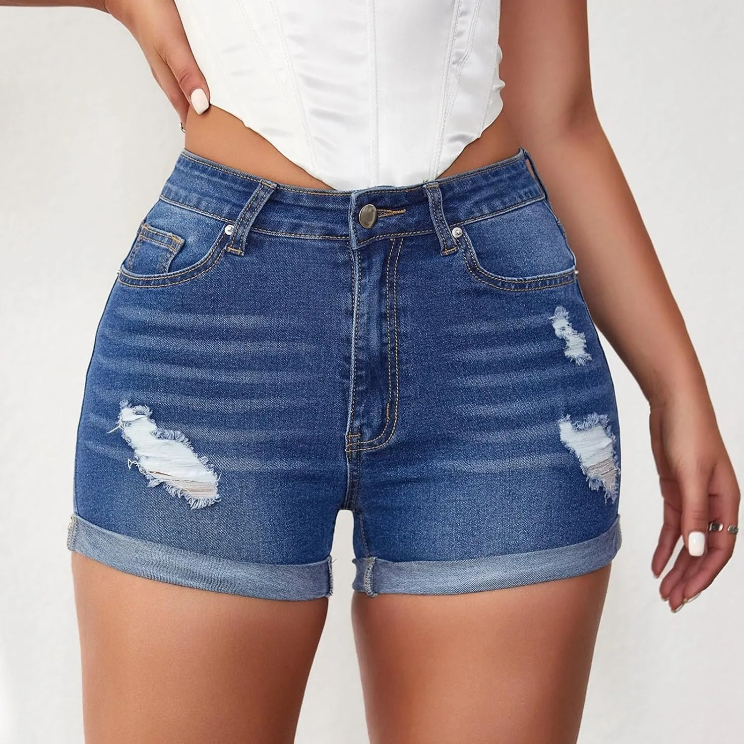 Denim Tight Shorts for Women Casual Sexy Slim Fit Ripped Hot Pants Summer Fashion Comfy Mid Waisted Shorts with Pockets