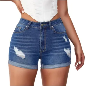 Denim Tight Shorts for Women Casual Sexy Slim Fit Ripped Hot Pants Summer Fashion Comfy Mid Waisted Shorts with Pockets
