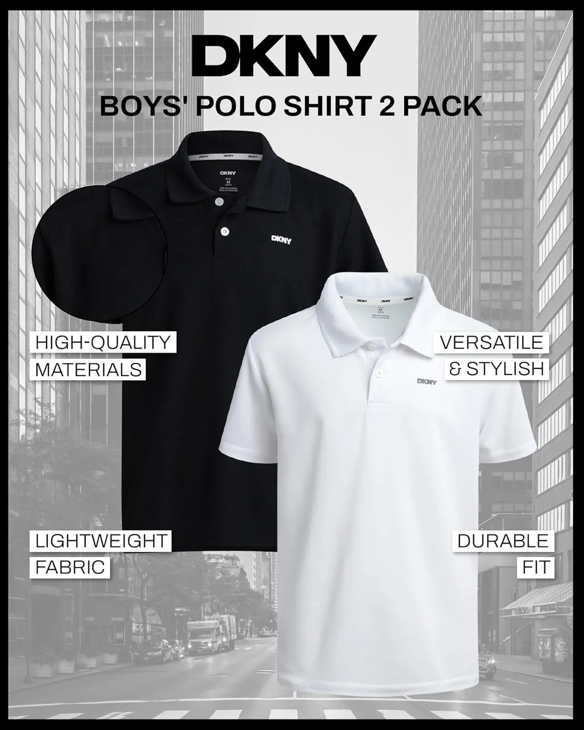 DKNY Boys' Polo Shirt - 2 Pack Active Short Sleeve School Uniform Golf Shirts for Boys, Quick Dry Performance Fabric (8-20)