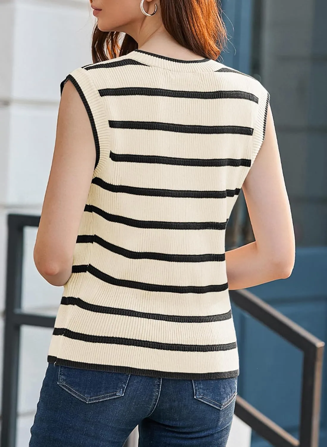 Dokotoo Tank Top for Women 2025 Striped Casual Crewneck Sleeveless Lightweight Sweater Vest Knit Summer Clothes