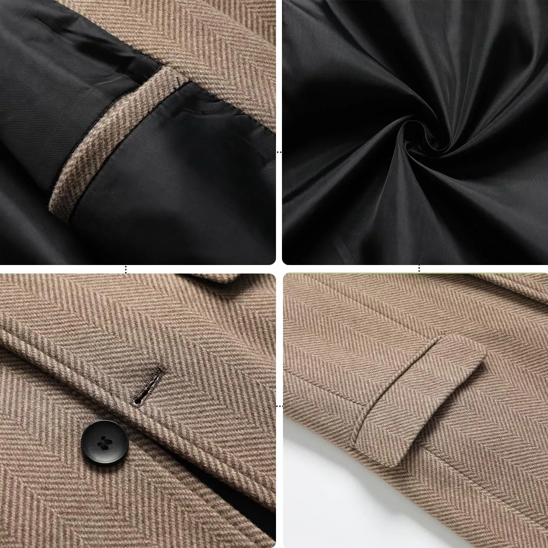 DOSLAVIDA Men's Slim Fit Woolen Pea Coat Single Breasted Winter Warm Long Trench Jackets With Removable Soft Scarf
