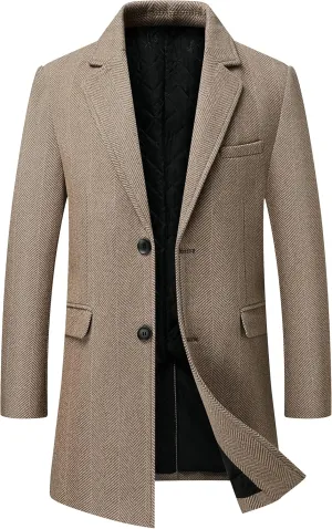 DOSLAVIDA Men's Slim Fit Woolen Pea Coat Single Breasted Winter Warm Long Trench Jackets With Removable Soft Scarf