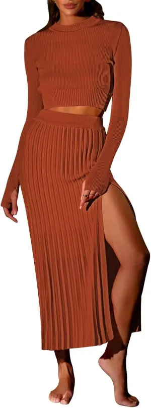Duigluw Women 2 Piece Outfits Winter Long Sleeve Crop Top Bodycon Pleated Skirt Knit Sweater Dress Set
