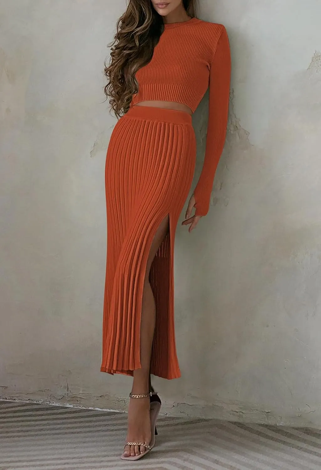 Duigluw Women 2 Piece Outfits Winter Long Sleeve Crop Top Bodycon Pleated Skirt Knit Sweater Dress Set