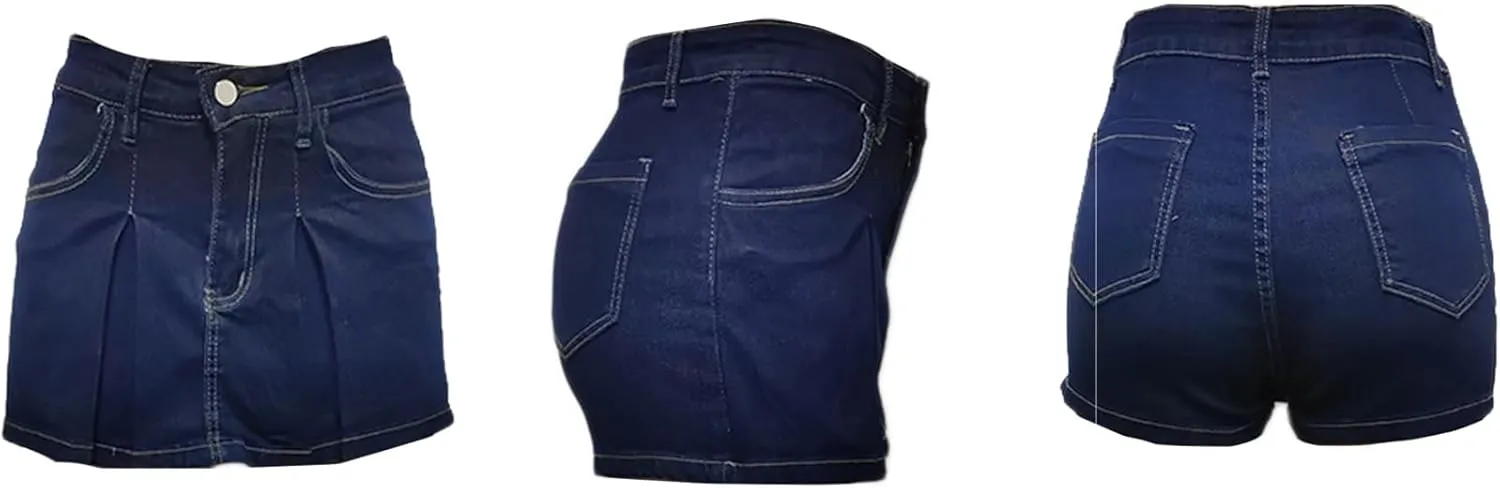 Ecirod Womens Summer Denim Pleated Mini Skorts Frayed Raw Hem High Waisted Slit Bodycon Jean Skirt Shorts with Pockets