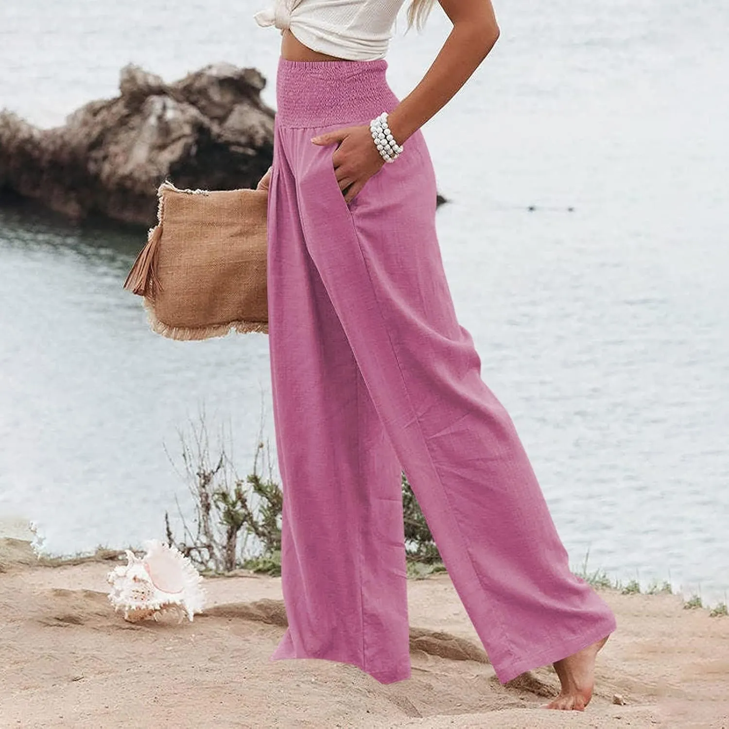 Elastic Waist Linen Pants Women Summer Smocked High Waisted Wide Leg Pants Office Pull On Work Trousers with Pockets