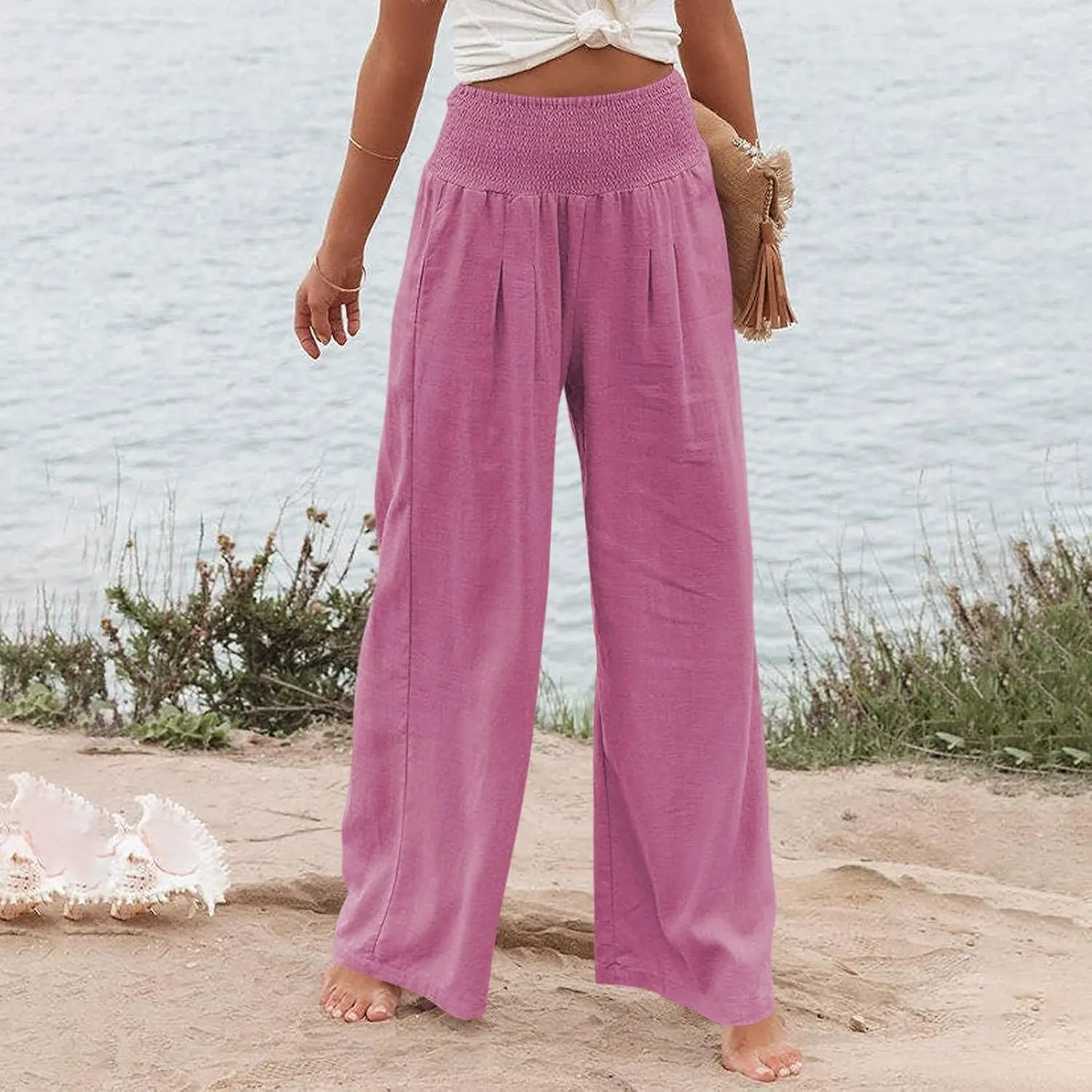 Elastic Waist Linen Pants Women Summer Smocked High Waisted Wide Leg Pants Office Pull On Work Trousers with Pockets