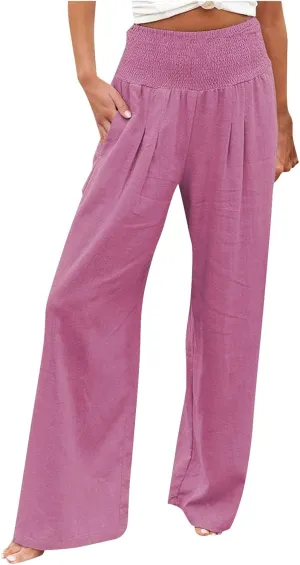 Elastic Waist Linen Pants Women Summer Smocked High Waisted Wide Leg Pants Office Pull On Work Trousers with Pockets