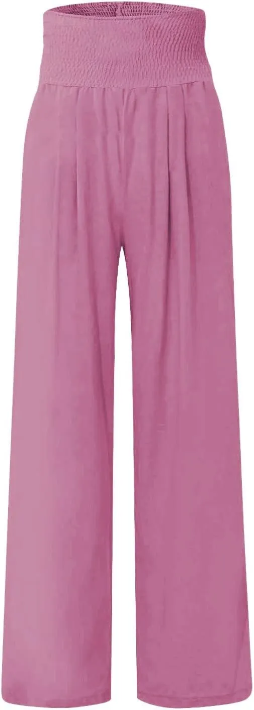 Elastic Waist Linen Pants Women Summer Smocked High Waisted Wide Leg Pants Office Pull On Work Trousers with Pockets