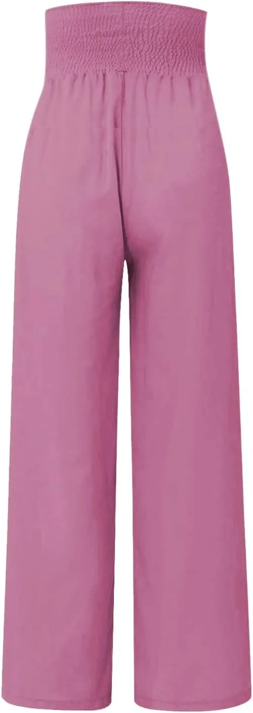 Elastic Waist Linen Pants Women Summer Smocked High Waisted Wide Leg Pants Office Pull On Work Trousers with Pockets