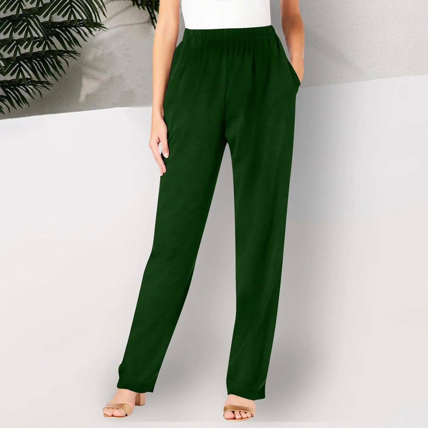 Elastic Waist Pants for Women High Waisted Casual Pants Linen Office Work Stretchy Tapered Lounge with Pockets