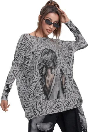 ellazhu Women's Off-Shoulder Long-Sleeved Cute Newspaper Printed Pullover Oversized Sweater Shirt GY2754