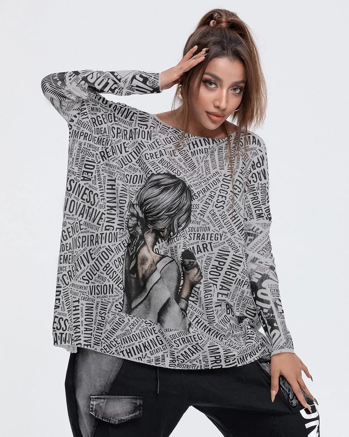 ellazhu Women's Off-Shoulder Long-Sleeved Cute Newspaper Printed Pullover Oversized Sweater Shirt GY2754