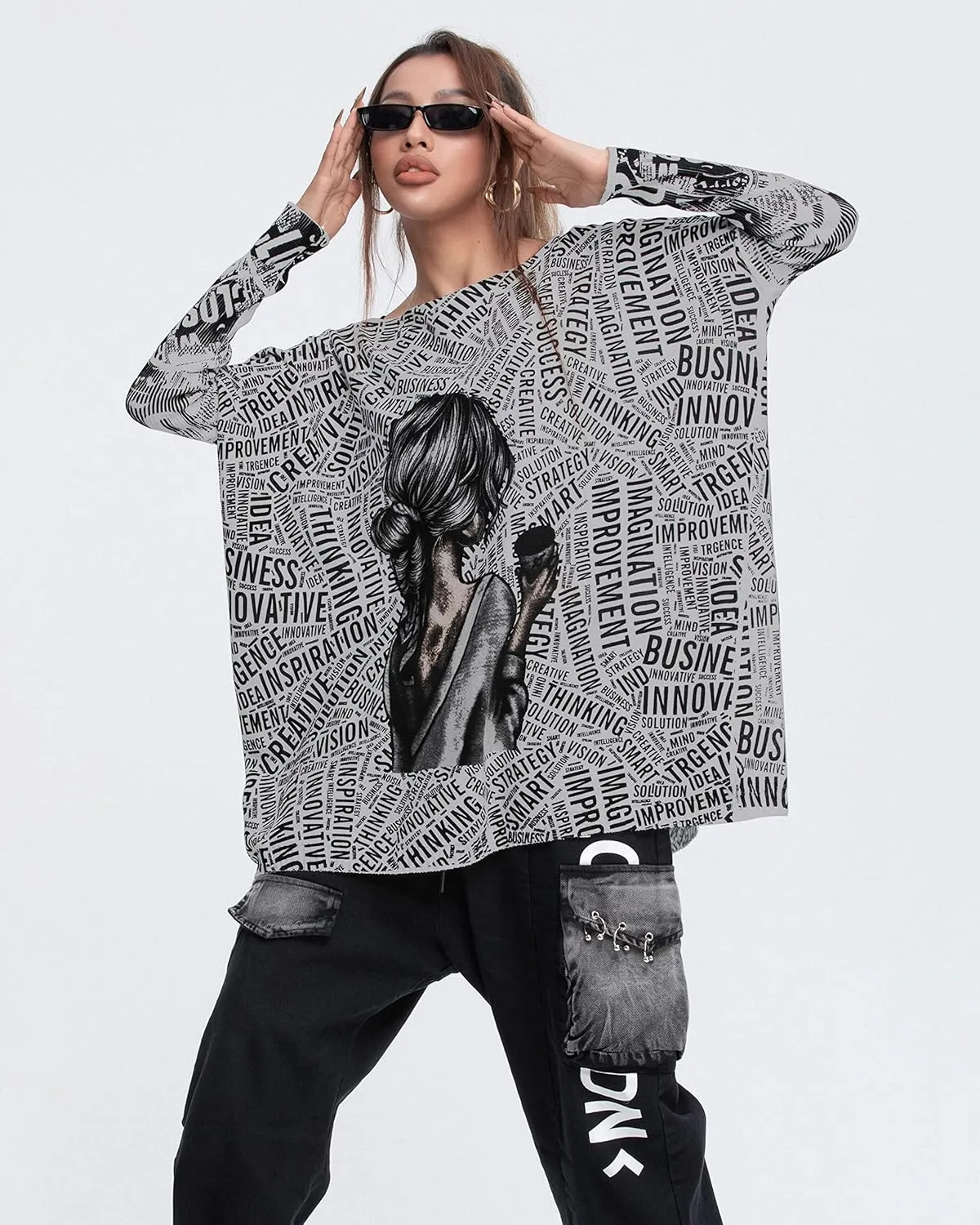 ellazhu Women's Off-Shoulder Long-Sleeved Cute Newspaper Printed Pullover Oversized Sweater Shirt GY2754