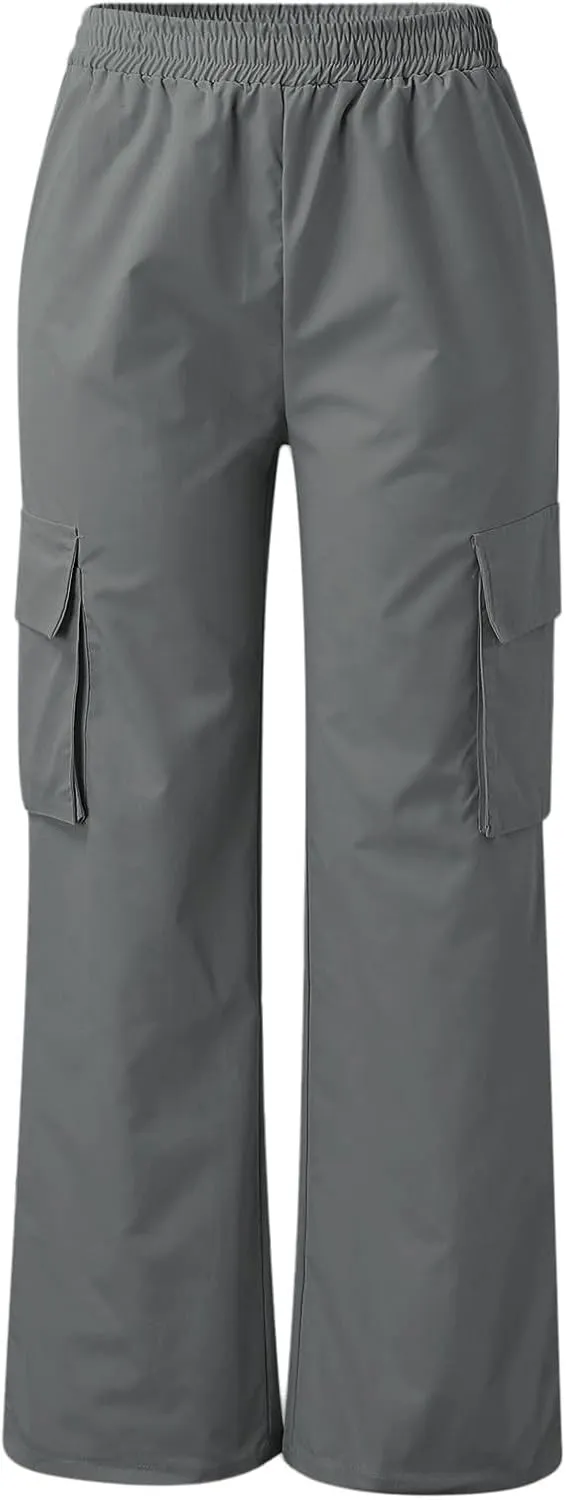eoeioa Womens High Waist Trendy Y2K Cargo Pants Baggy Summer Straight Pockets Trousers Solid Wide Leg Overalls Long Pants