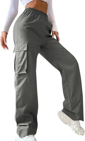 eoeioa Womens High Waist Trendy Y2K Cargo Pants Baggy Summer Straight Pockets Trousers Solid Wide Leg Overalls Long Pants
