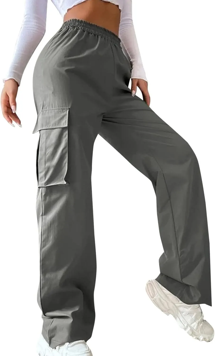 eoeioa Womens High Waist Trendy Y2K Cargo Pants Baggy Summer Straight Pockets Trousers Solid Wide Leg Overalls Long Pants