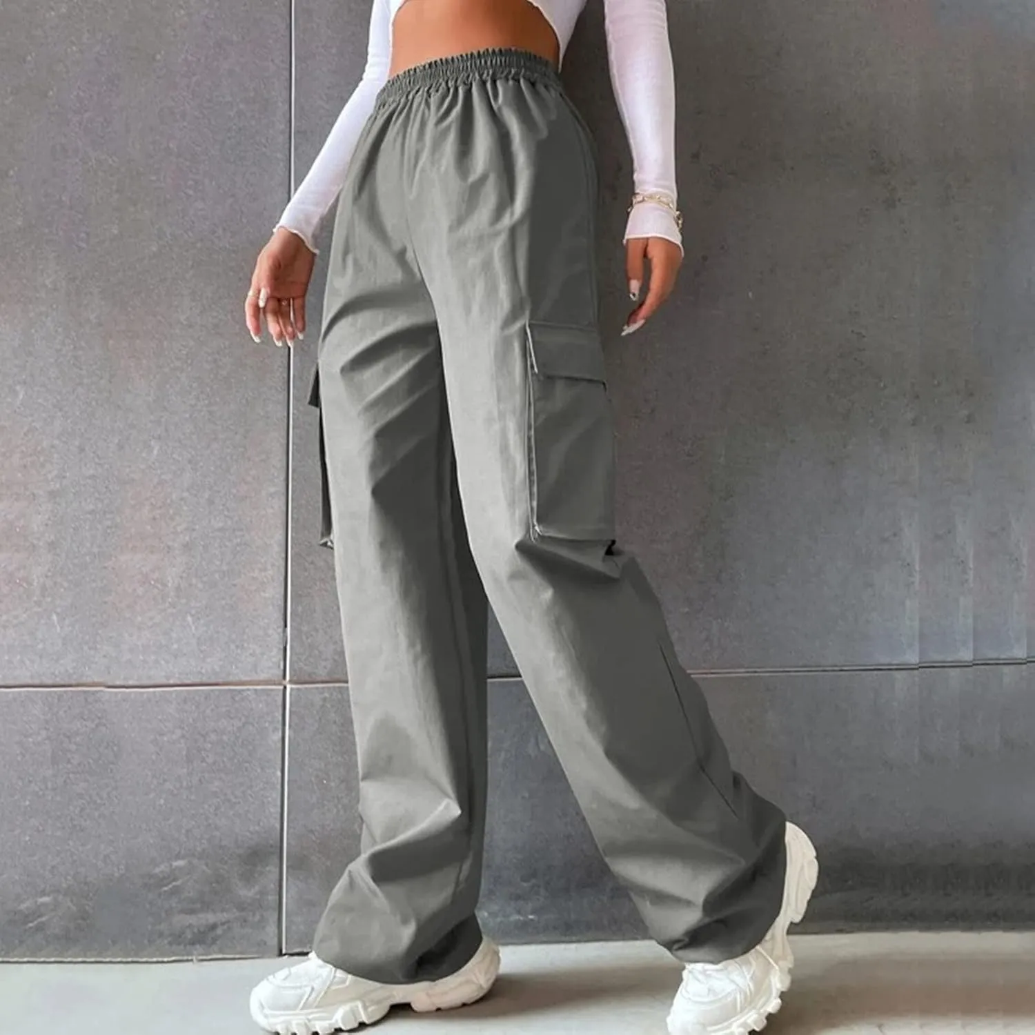 eoeioa Womens High Waist Trendy Y2K Cargo Pants Baggy Summer Straight Pockets Trousers Solid Wide Leg Overalls Long Pants