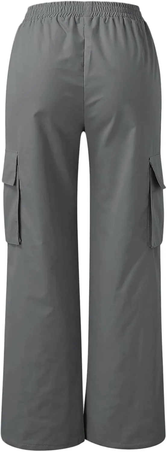 eoeioa Womens High Waist Trendy Y2K Cargo Pants Baggy Summer Straight Pockets Trousers Solid Wide Leg Overalls Long Pants